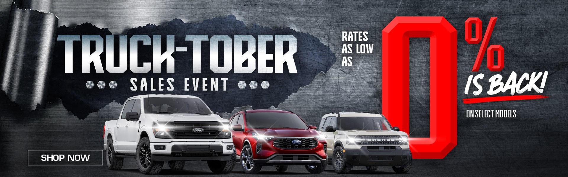 2025-10_MTF_Truck-ober-OCT_1920 × 600_AllModel Promotional graphic with three Ford vehicles (a white truck, a red SUV, and a grey SUV) in front of a dark steel background. Bold text reads “Truck-tober Sales Event. Rates as low as 0% is back! On select models.” Logo for Mid-Town Ford Winnipeg is at the top.